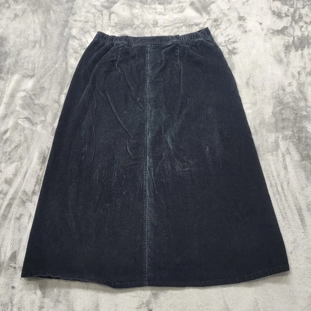 Woman Within Skirt Womens 12W Black Stretch Corduroy Button Front‎ Midi A-Line